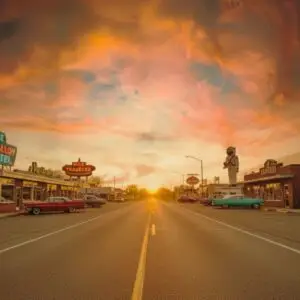 Open Road Along Historic Route 66 at Sunset